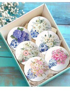 6pc Coaster Set Floral Design Non-Slip Cork Base Botanical Nature Flowers